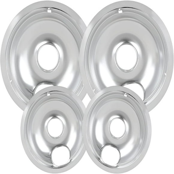 JUNWELL 4 Piece Drip Pans Set Compatible with Whirpool Kenmore Frigirate Stove Chrome Finish Electric Stove Burner Drip Pans  Include 2 Pcs 6‘‘ and 2 Pcs 8 ‘‘ Cooktop Replacement Drip Pan