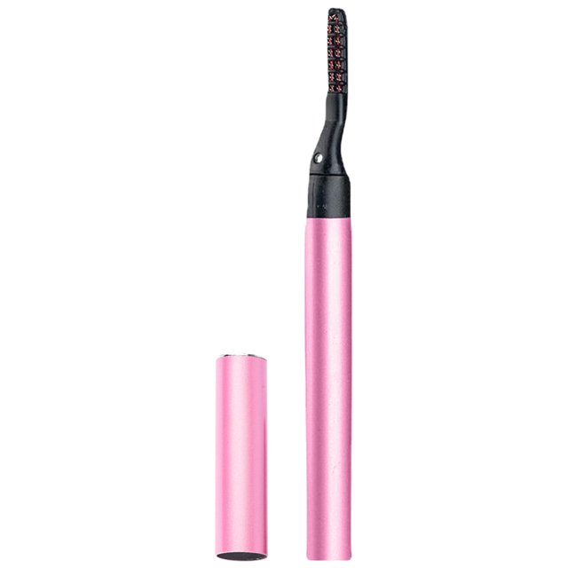 rizador de pestañas calentado yuyangstore rosa rizador estilo bolígrafo de 14 cm con cuerpo de aluminio rosa y tapa protectora, cabezal negro con peine calefactado y luz LED, funciona con 1 pila AAA (no incluida), accesorio de maquillaje portátil ideal para retoques rápidos de pestañas en viaje.