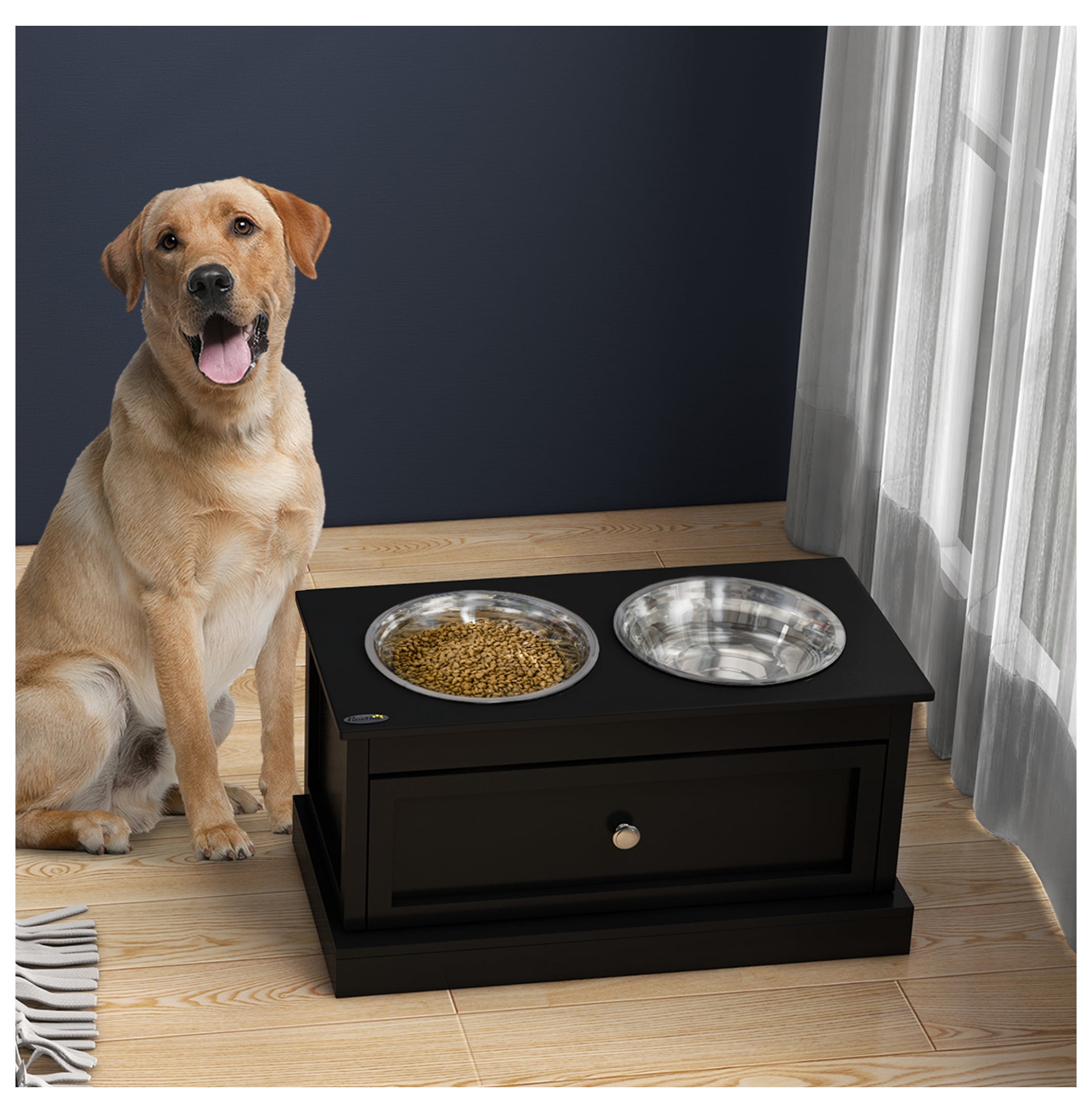 Raised Dog Bowls with Storage, Elevated Dog Feeder Stand, Stainless Steel Pet Bowls, Black - Large Dog Food Station