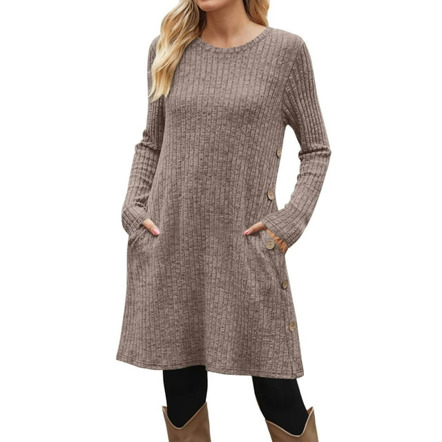 Pincandy Robe Tunique d'Automne et d'Hiver avec Poches, Manches Longues, Col Rond, Boutons Latéraux