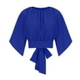 thumbnail image 2 of Olyvenn Stylish Women's Short Bell Sleeve Tie Back Solid Crop Blouse Shirt Crop Tops Workout Tops Summer Fashion Basic Tees Blue M, 2 of 7