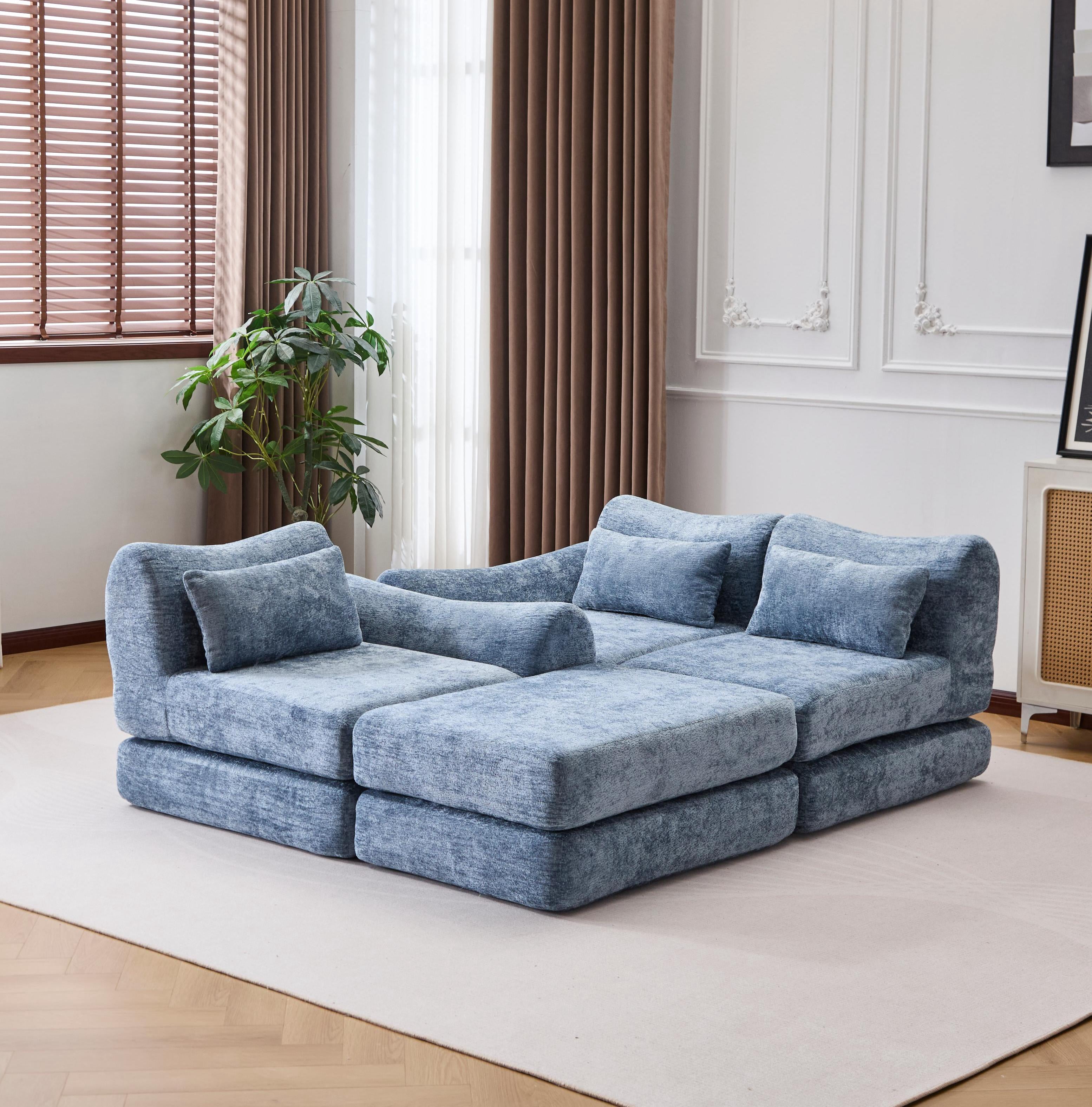 BSHTI Foldable Wave Star Modular Sofa, Chenille Fabric, 4-in-1 Modern Couch for Living Room, Modular Sectional Sofa with Chaise, Free Combination 3 Seater Sofa, Blue