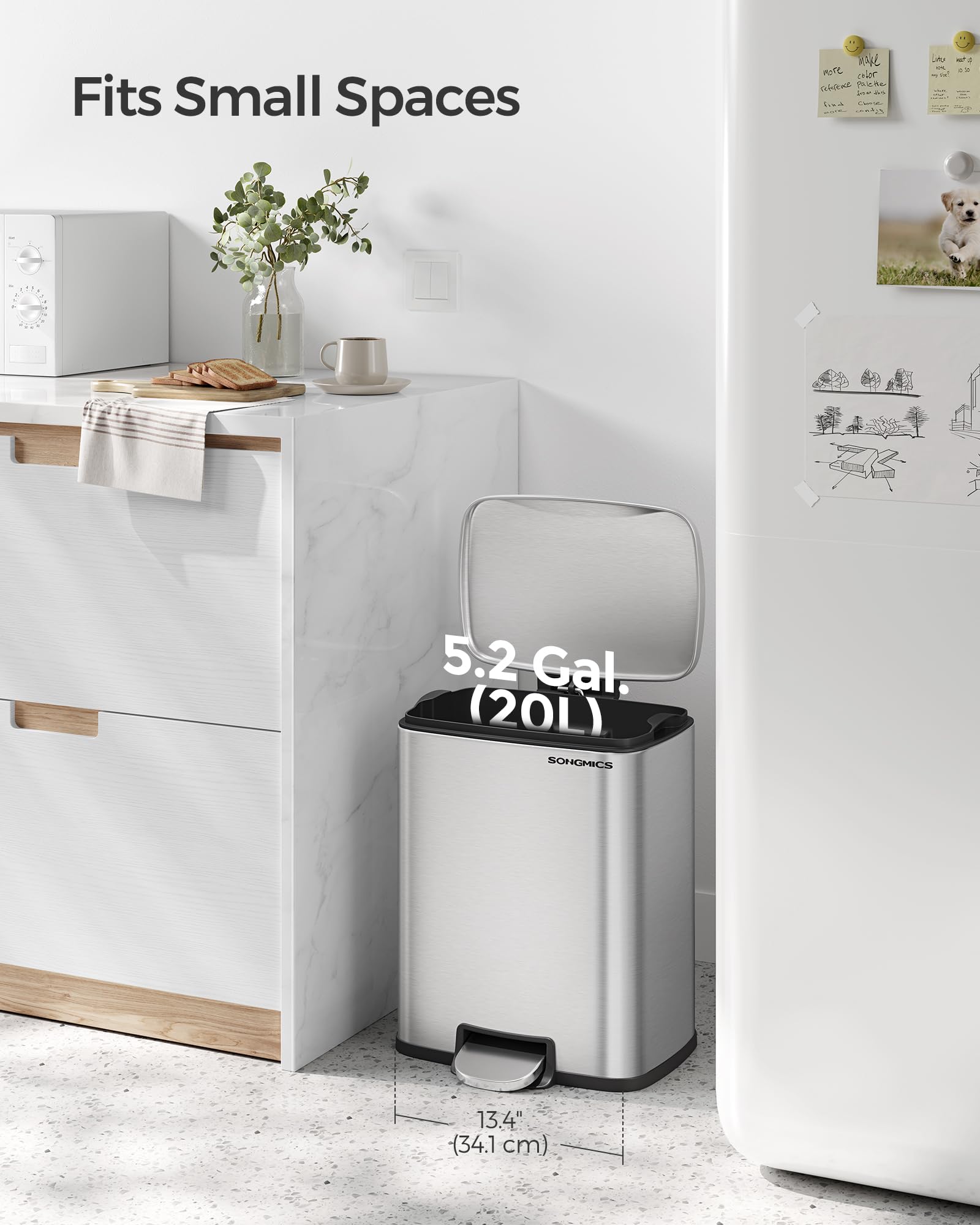 5.2-Gallon (20L) Trash Can, Garbage Can with Lid, Step Trash Bin for Kitchen, Stainless Steel, Soft Close and Stays Open, Inner Bucket, Includes 15 Trash Bags, Silver