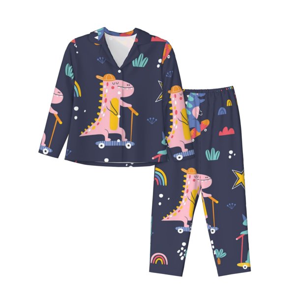 Balery Cartoon Dinosaur Scooter Sport Blue Conjunto de Pijama con Estampado para Mujer, Conjunto de Dos Piezas con Manga Larga, Ropa de Dormir Suave con Bolsillos, Pijamas Cómodos-XX-Large