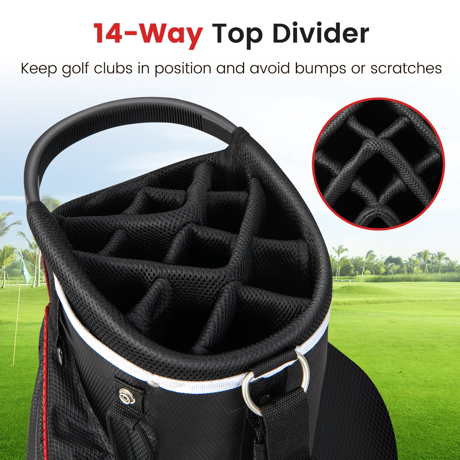 Topbuy 14-Way Golf Cart Bag Golf Club Bag with 14 Ways Organizer Divider Top 9 Zippered Pockets Cooler Bag Umbrella Holder Red