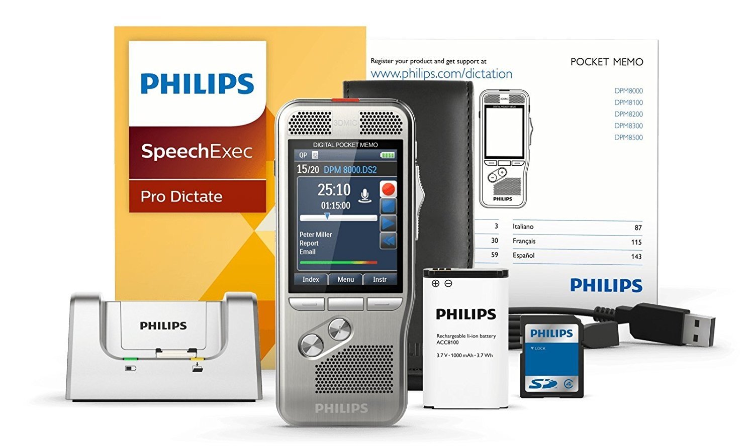 Philips DPM-8000 Professional Digital Pocket Memo with Cradle and Speechexec Pro Software - image 2 of 8