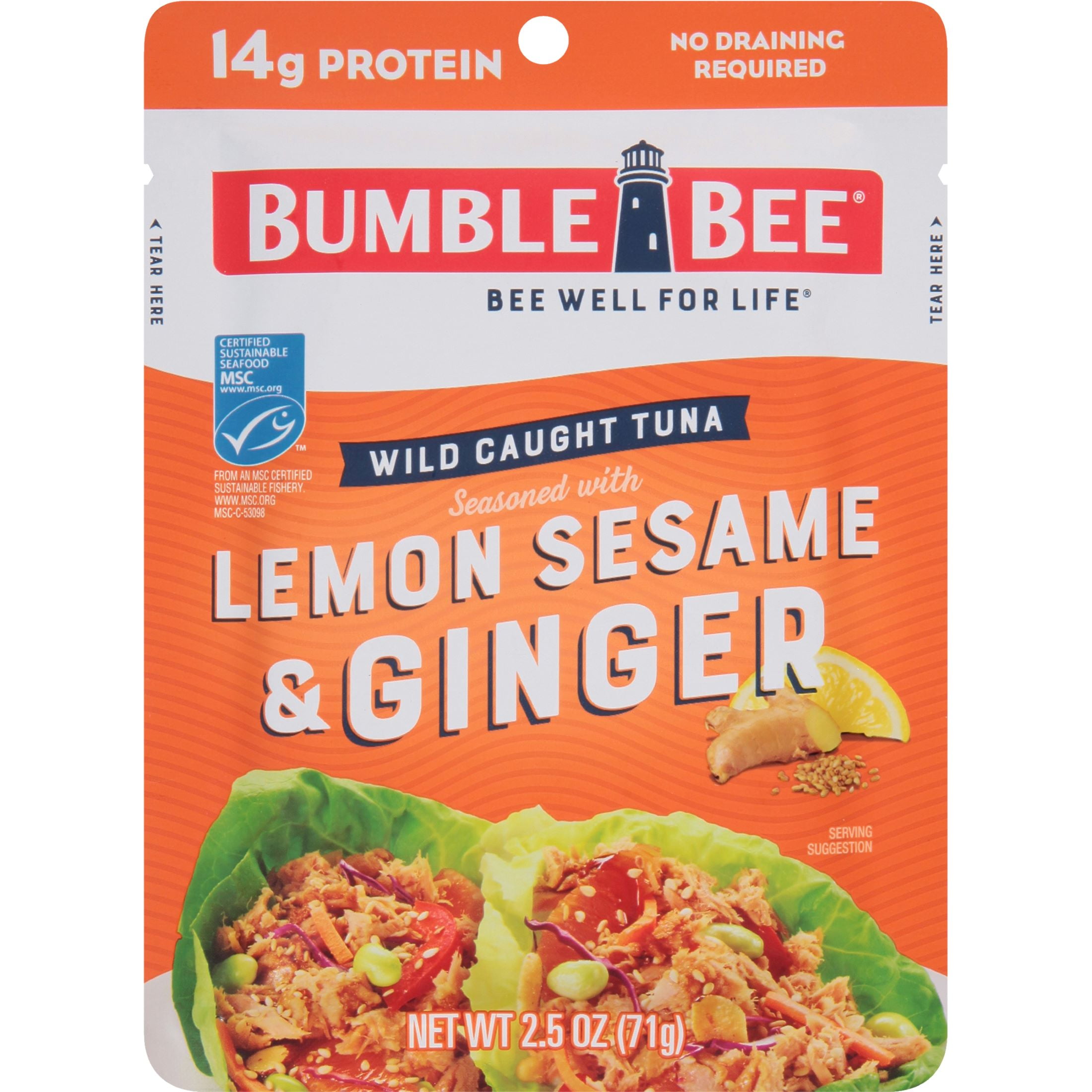 (12 pack) Bumble Bee Lemon Sesame & Ginger Seasoned Light Tuna, Wild Caught, Ready to Eat, 14g Protein per Serving, Shelf Stable Pouch, 2.5 oz
