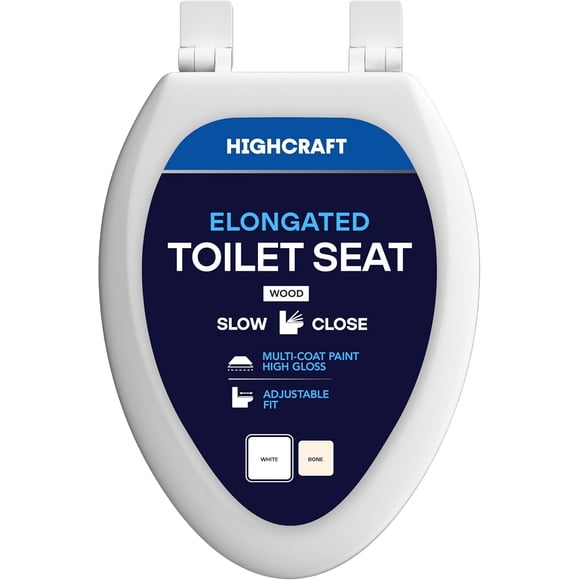 HIGHCRAFT Premium Elongated Toilet Seat with Slow-Close Design & Adjustable Hinges - Molded Wood Toilet Seat - Fits Standard Elongated Toilets - Oval Seat in White
