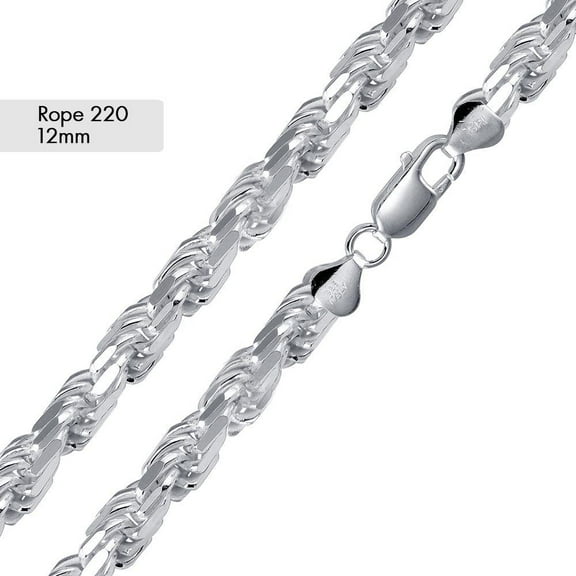 Sterling Silver 925 High Polished Rope Diamond-Cut 220 Chain 12mm Italy 24" Jewelry Female Unisex