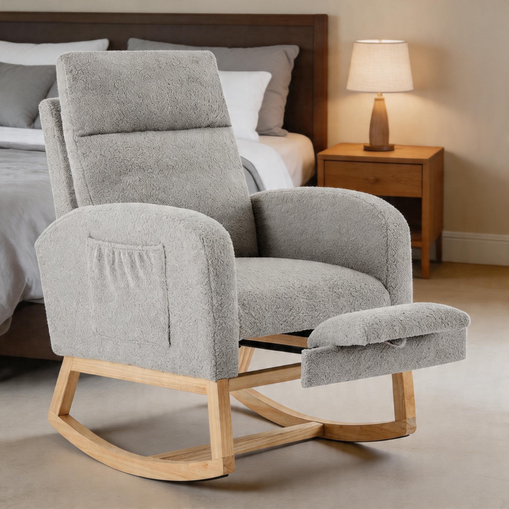 Gaderth Upholstered Rocking Chair, Rocking Chair For Nursery,Glider Chair With High Back And Side Pocket, Rocking Accent Armchair With Rubber Wood Legs For Living Room/Bedroom/Nursery