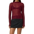 thumbnail image 2 of Women Sexy- See Through Long Sleeve T-Shirts Mesh Sheer Skinny Rib Scalloped Trim Tees Blouse Top Outfits Wine Red XL, 2 of 8