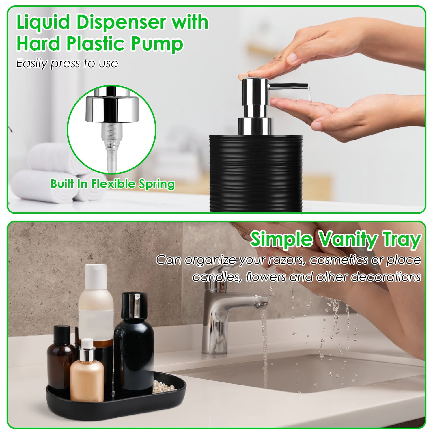 Imountek 8Pcs Bathroom Accessories Set, ABS & Bamboo Black Bathroom Decor Sets with Trash Can Toilet Brush for Home Hotel Office