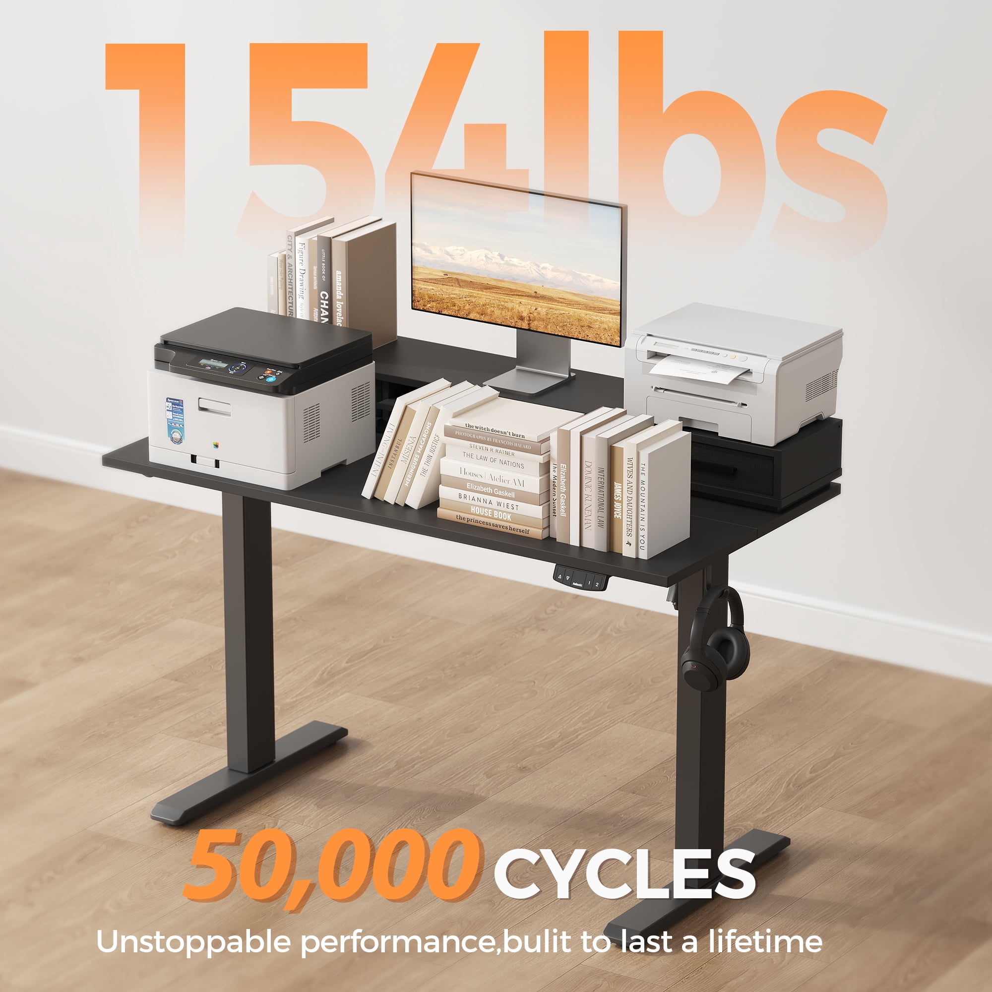 55.1 Inch Electric Standing Desk with Double Drawers & Stand up Desk with Storage Shelf, Height Adjustable Ergonomic Home Office Desk with Hooks, Computer Workstation for Home and Office, Black