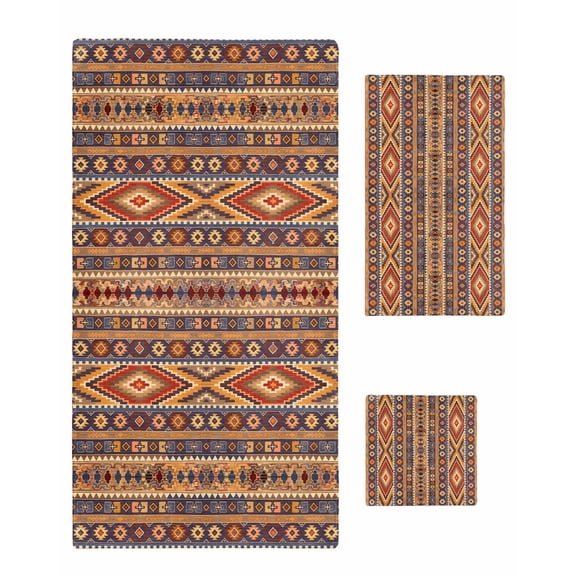 Southwest Boho Towel Set of 3, Soft Microfiber Bath Towels, Hand Towel, Washcloths, Retro Farmhouse Abstract Geometric Striped Quick-Dry Absorbent Towels for Bathroom Kitchen Hotel Beach Gym Spa