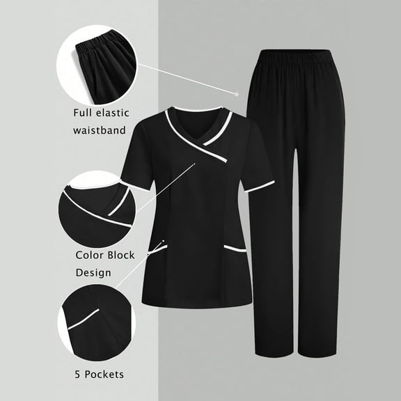 Gamivast Plus Size Women's Scrubs Set Breathable Elastic Waist Straight Pant Wrap V-Neck Shirts Quick-Dry Nurse Scrubs 3 Pockets Contrast Trim Hospital Wear