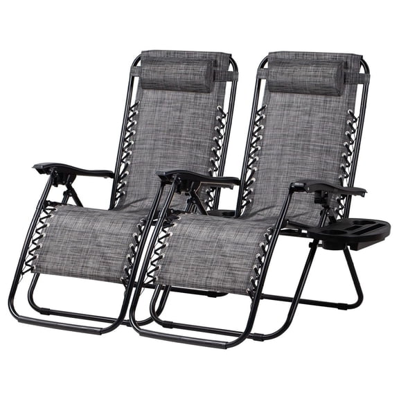 Set of 2 Relaxing Recliners Patio Chairs Adjustable Steel Mesh Lounge Chair Beach Chairs with Pillow and Cup Holder(Grey)