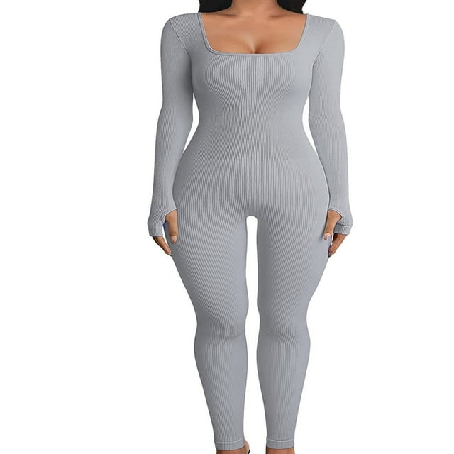 Women Ribbed Knit Yoga Jumpsuits Square Neck Long Sleeve Bodycon Rompers One-Piece Workout Sports Outfits