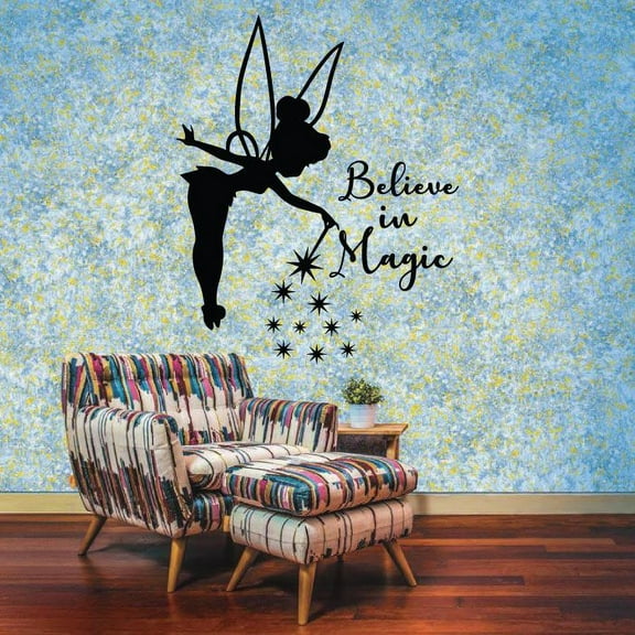 Believe In Magic Tinkerbell Little Fairy Pixie Dust Tinkerbell Disney Movie Character Tinkerbell Silhouette Vinyl Wall Art Sticker DecorationFor Home Kids Baby Girls Childrens Room Size (40x40 inch)