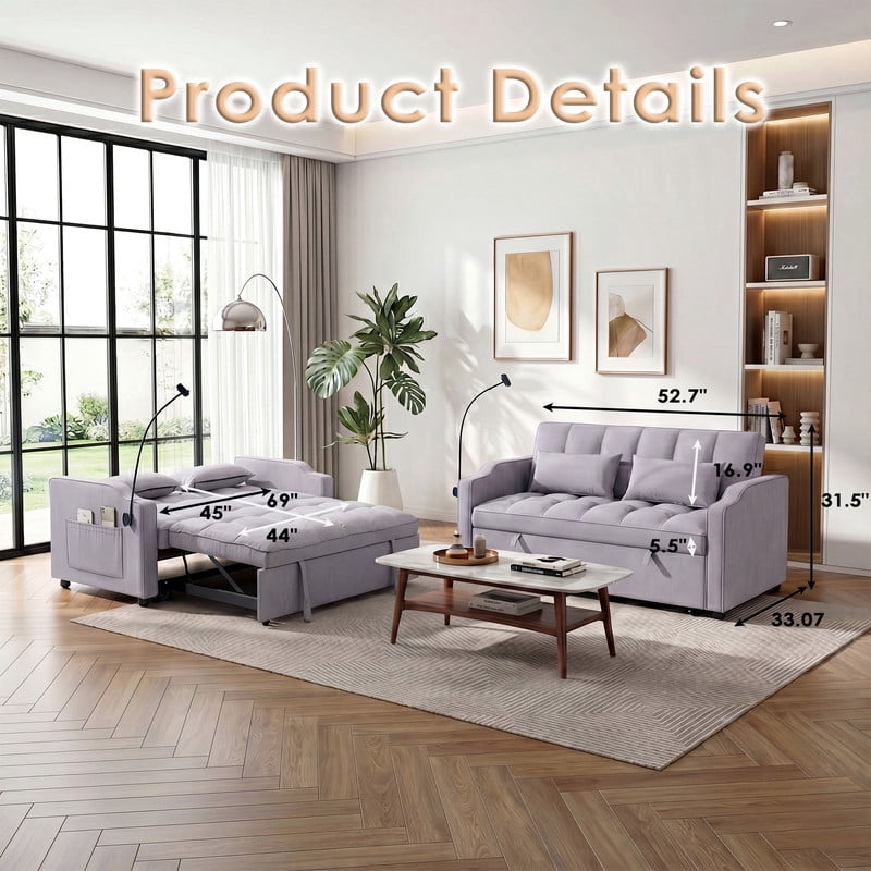 Gewnee 53" Sofa Bed, 3 in 1 Convertible Sleeper Sofa, Velvet Pull Out Couch Bed with USB Ports, Phone Holder & Side Storage Pockets, Adjustable Loveseat Sofa Bed for Living Room, Gray
