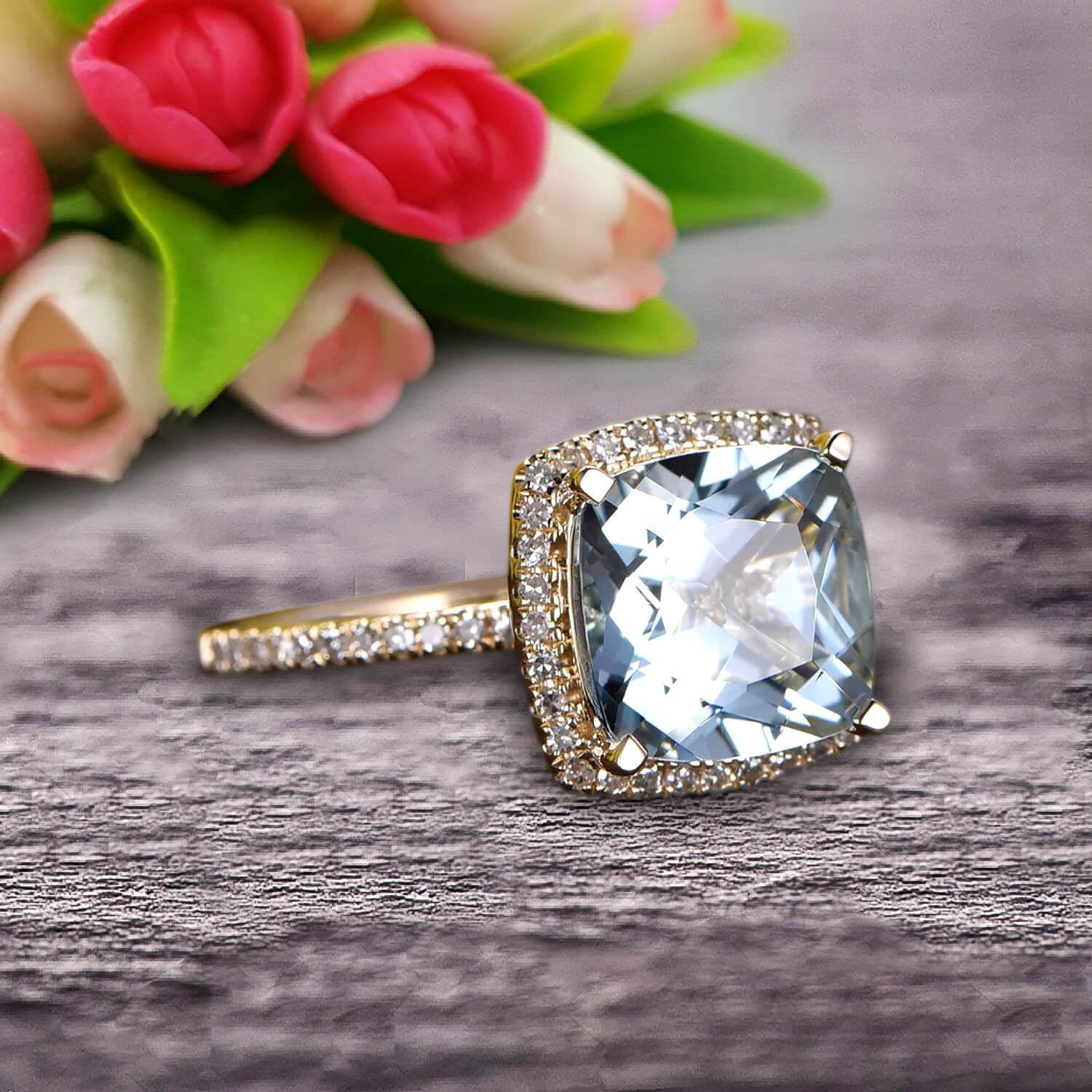 1.50ct Cushion Aquamarine with Diamond Halo Engagement Ring, March  Birthstone, Cocktail Ring, Promise Ring White Gold, Rose Gold. Yellow