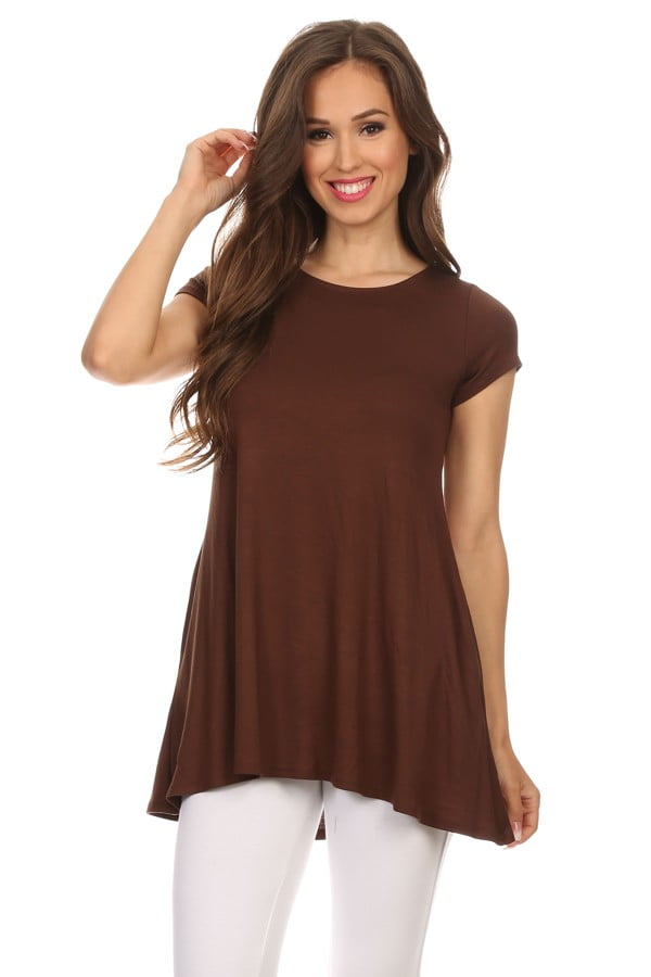 Women's Short Sleeve Solid Basic Tunic Top With Side Pocket