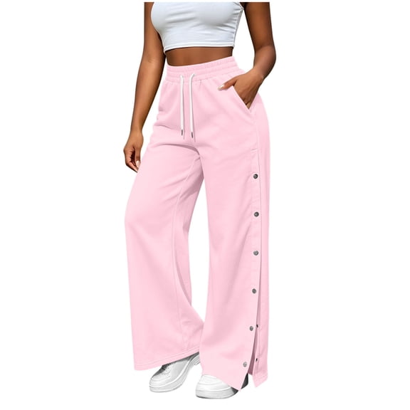 successthop Straight Leg Sweatpants for Women Plus Size Drawstring Pant Side Snap Button Fall Trousers with Pocket Pink