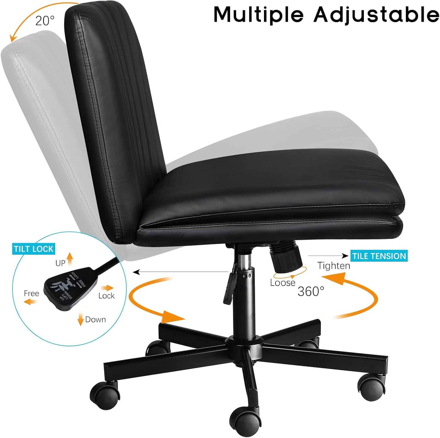 Waleaf Criss Cross Chair with Wheels,PU Leather Padded Armless Cross Legged Office Desk Chair for Home Office