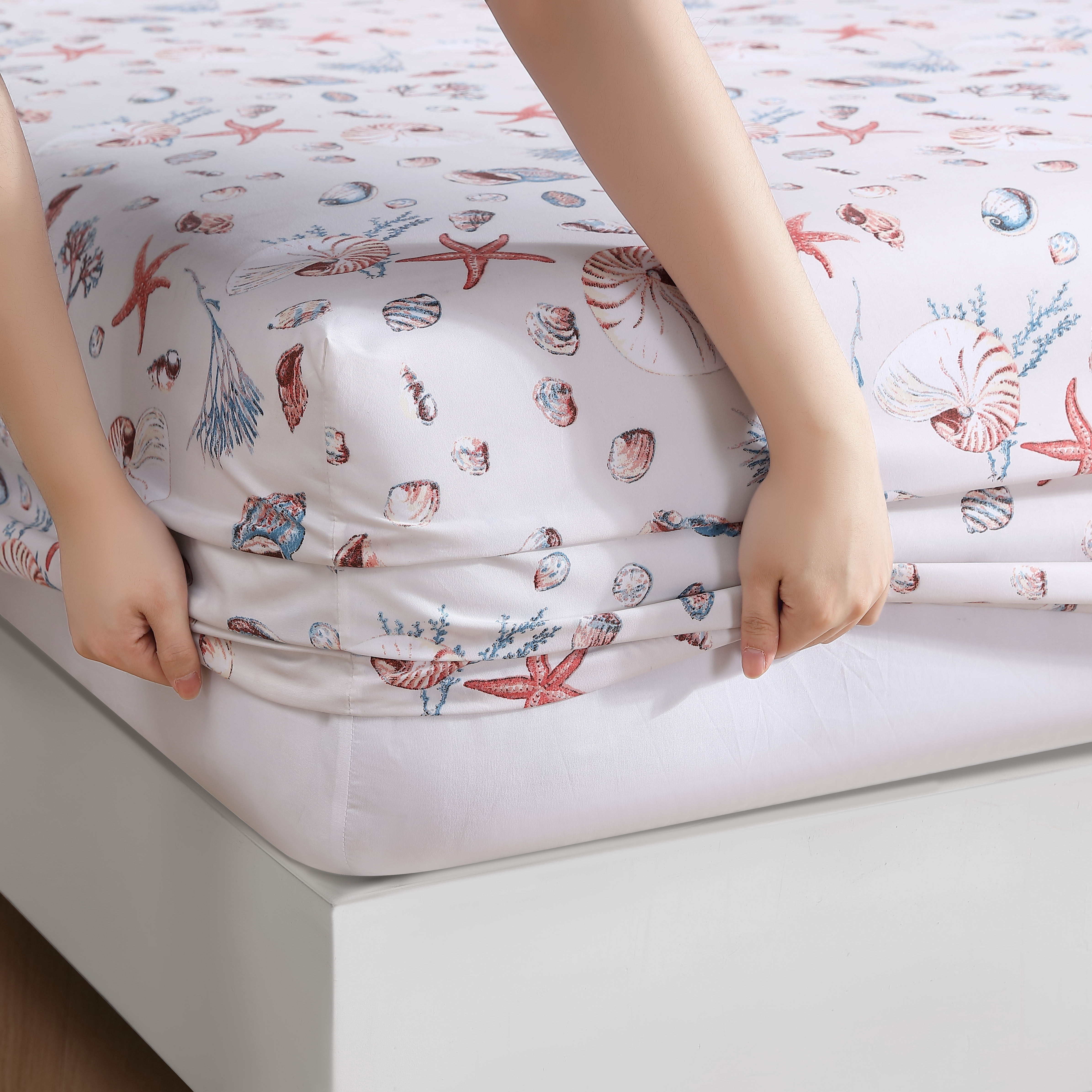 Beatrice Home Fashions Coastal Print Microfiber 4PC Sheet Set Queen Oceanside Sand