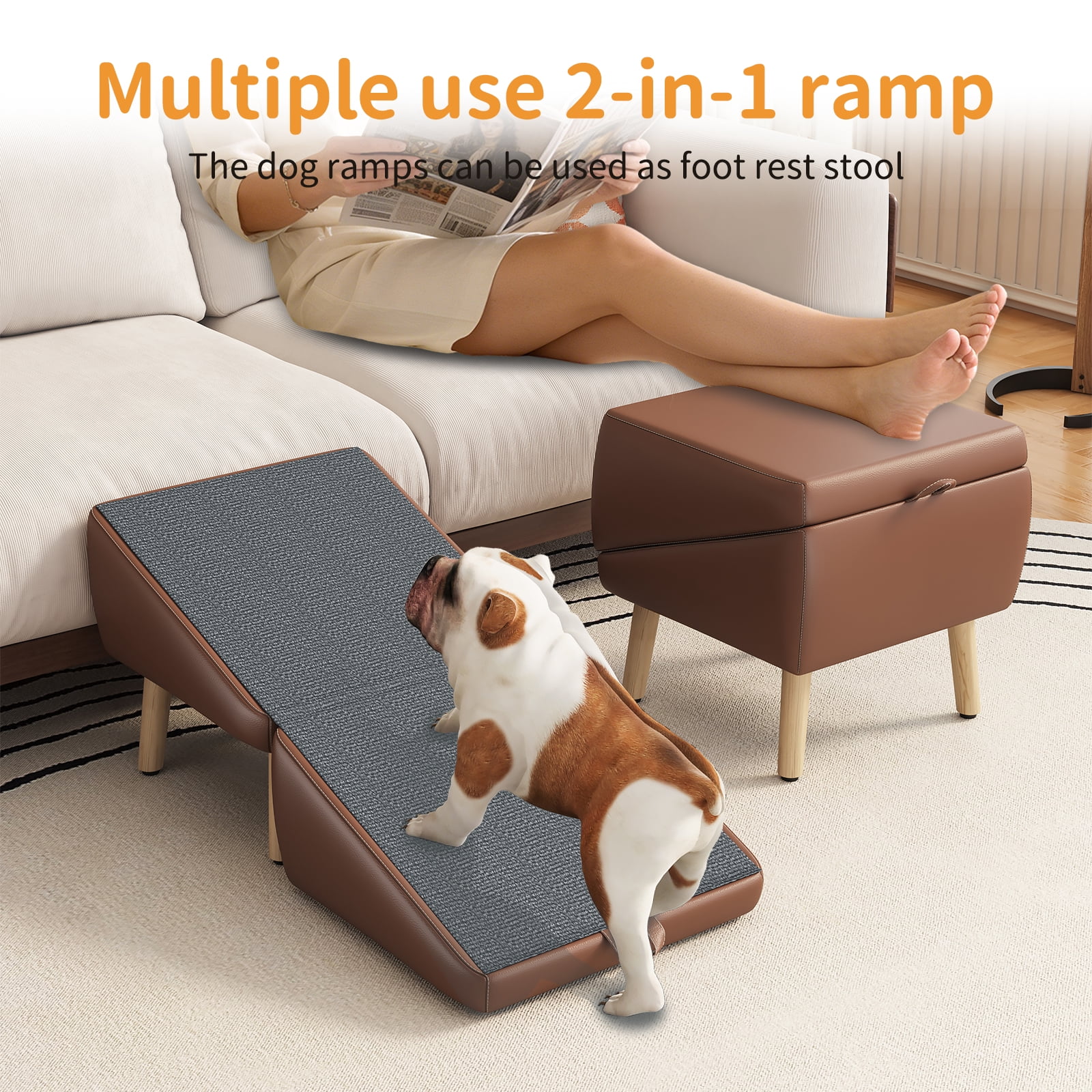 2-in-1 Foldable Dog Stairs & Ramp, Wooden Split Ottoman Pet Steps for Small Dogs Cats, Non-Slip Gentle Incline Pet Ramp for Couch Bed, Joint Support Design for Puppy Senior Injured Pets