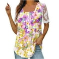 thumbnail image 2 of Wycnly Womens Blouses and Tops Dressy Sexy Lace Patchwork Sleeve Loose Flowy Pleated Swing Shirts Summer Floral Print Square Neck Short Sleeve Cute Tees Tops Purple XL, 2 of 5