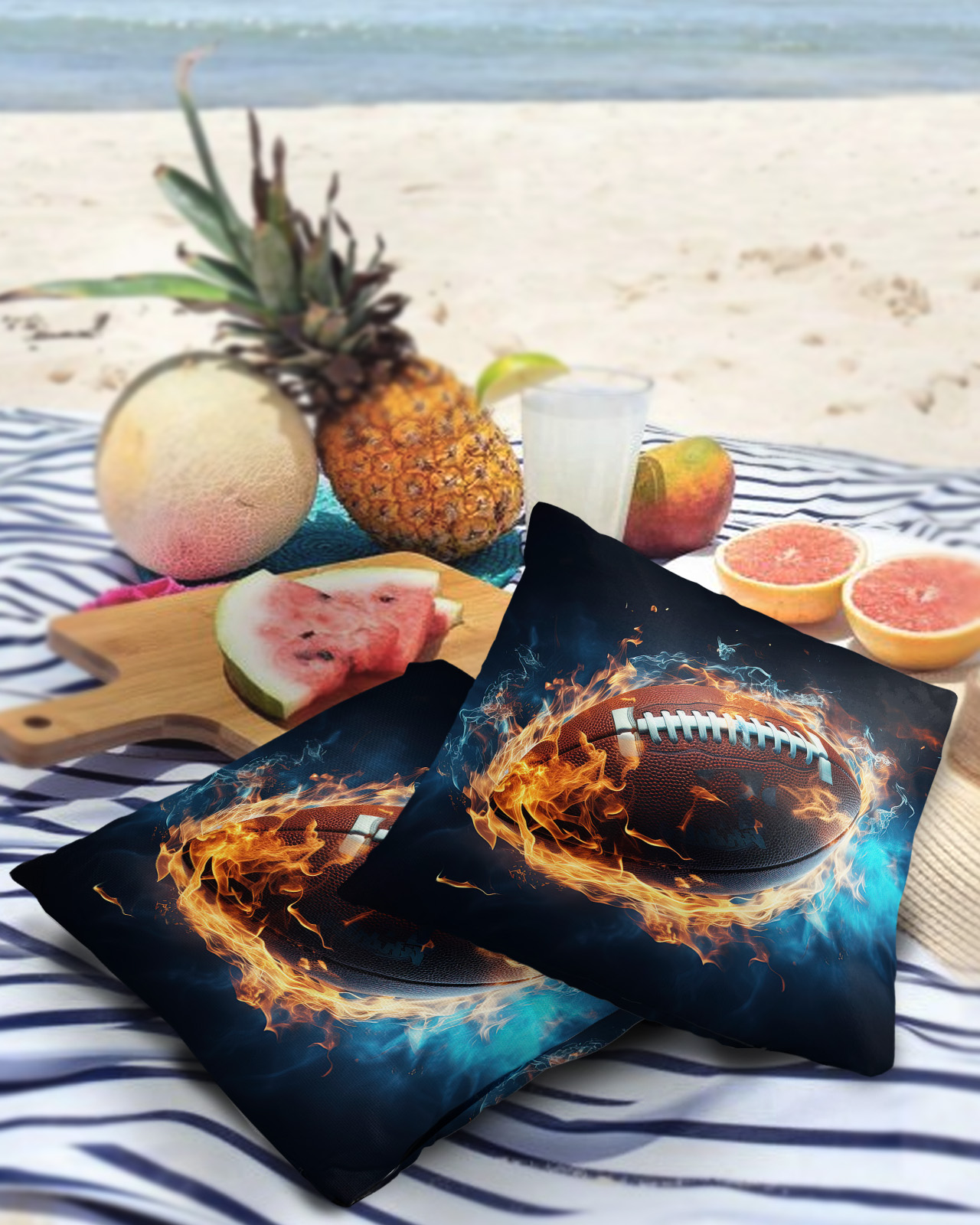 Pack of 2 Outdoor Pillow Covers, Sport Football with Fire Waterproof Square Throw Pillowcase Cushion Decorative Pillow Covers for Couch Patio Tent, 16x16 in