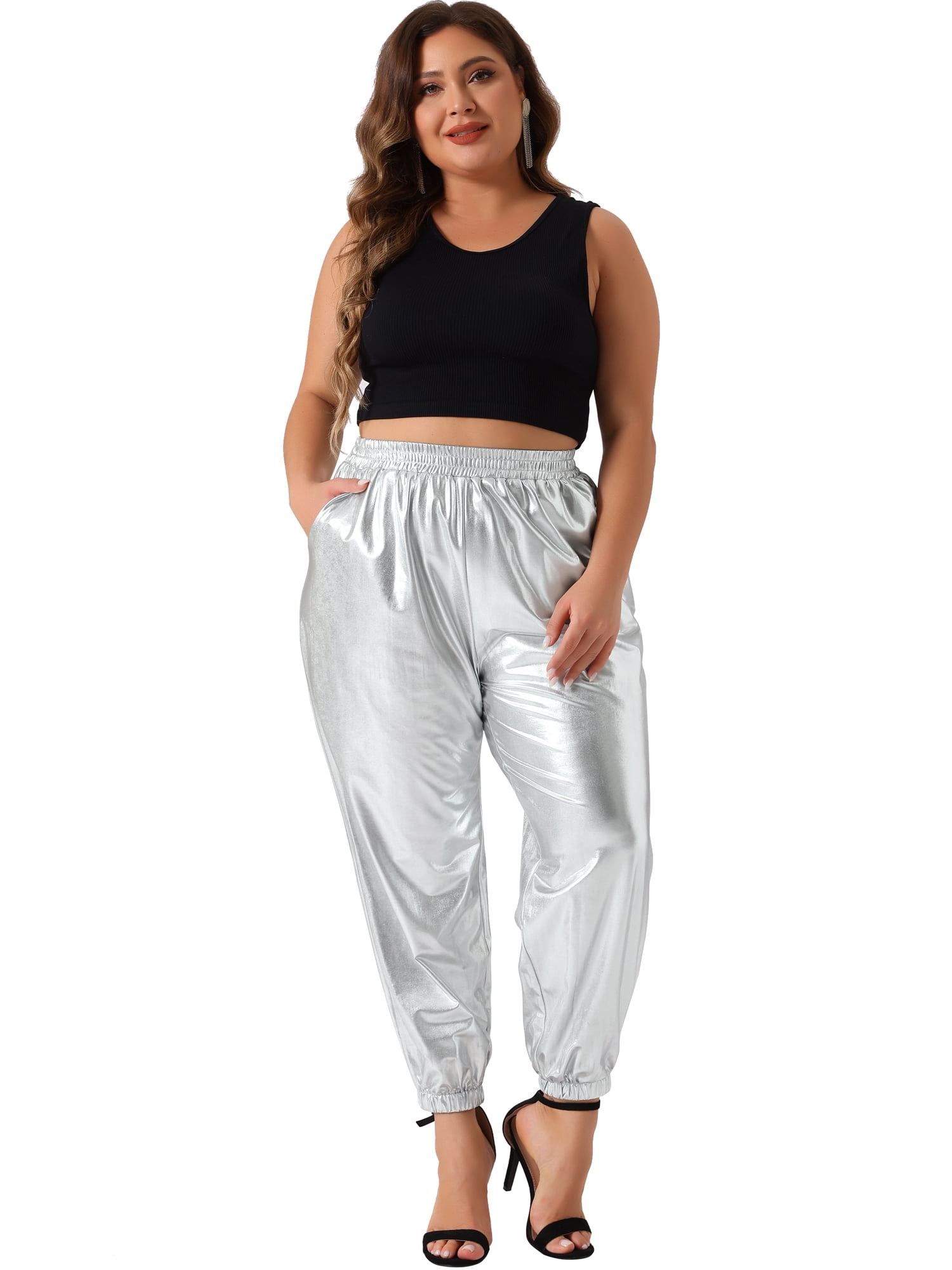 DARING DIVA Women's Plus Jogger Pants Metallic Shiny Stretchy Trousers 3X Silver