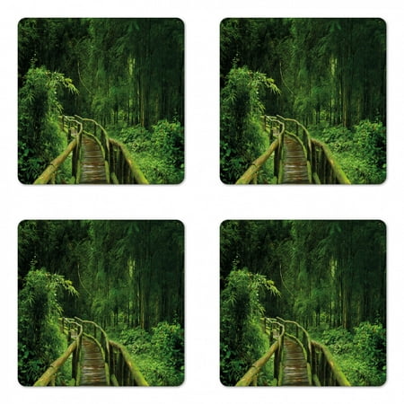 

Jungle Coaster Set of 4 Freshness Tropical Thailand Forest with Wooden Bridge Foliage Meditation Calm Landscape Square Hardboard Gloss Coasters Standard Size Green by Ambesonne
