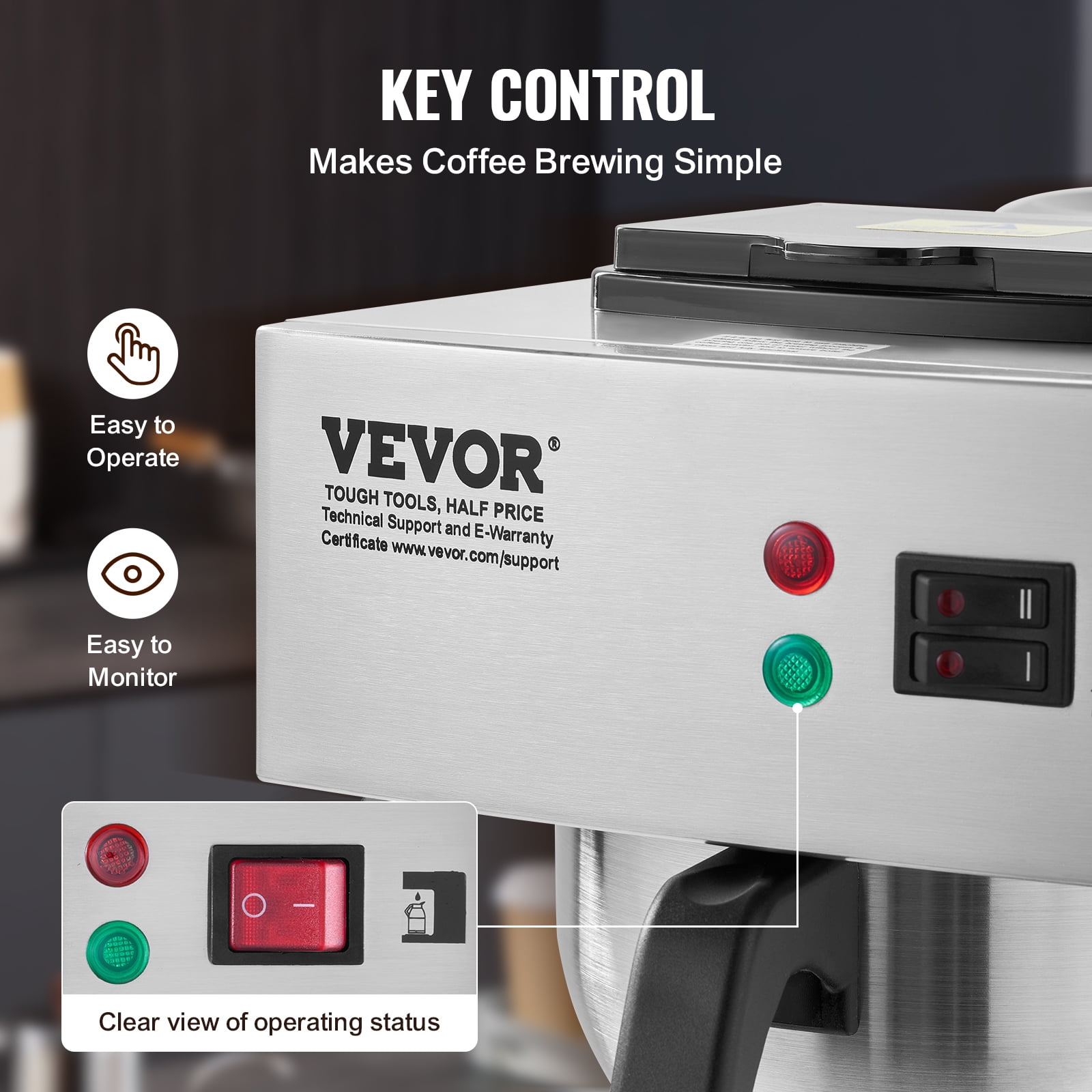 VEVOR 12 Cups Commercial Drip Coffee Maker, Coffee Maker Machine with Thermal Carafe to Keep Warm or Cold, Stainless Steel Pour Over Coffee Brewer for Restaurant, Office, Cafe