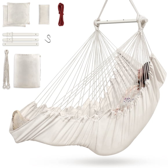 Outerman Hammock Chair, Hanging Chair with 3 Cushions and Foot Rest Support, Durable Metal Spreader Bar Max 440 Lbs, Swing Chair for Bedroom, Indoor & Outdoor, Patio, Por