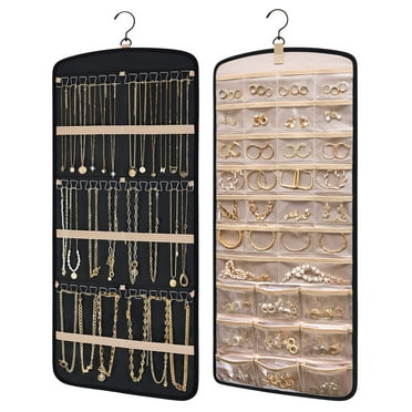 Hanging Jewelry Organizer Necklace Holder Anti-tangle Earrings Rings Hanger with 20 Jewelry Bags Travel Storage Roll with Pockets Hang on Closet, Wall, Door,1 Piece, Large, Black