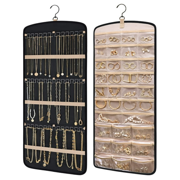 Jewelry Organizer Hanging Travel Roll - 20-Pocket Anti-Tangle Necklace Earring Holder for Closet, Wall, Door - Large Black Storage Bag