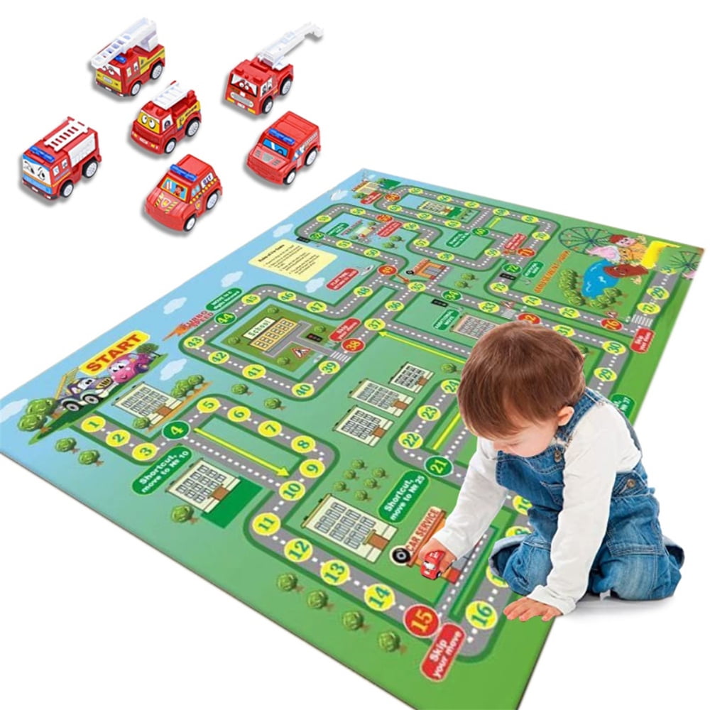 Carpet Playmat with 6 Cars PullBack Vehicle Set, Road Map Rugs Thicken