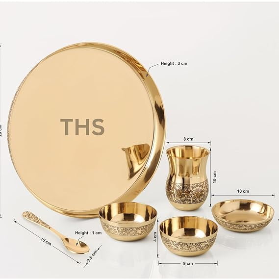 6-Piece Kansa Solid Dinner Set|Matte Finish|1 Plate (11.5" Thali),2 Bowls,1 Glass,1 Sweet Dish Plate,1 Spoon | Bronze Kansa Dinner Set 6 Shine Polish Finish (eaching Design)