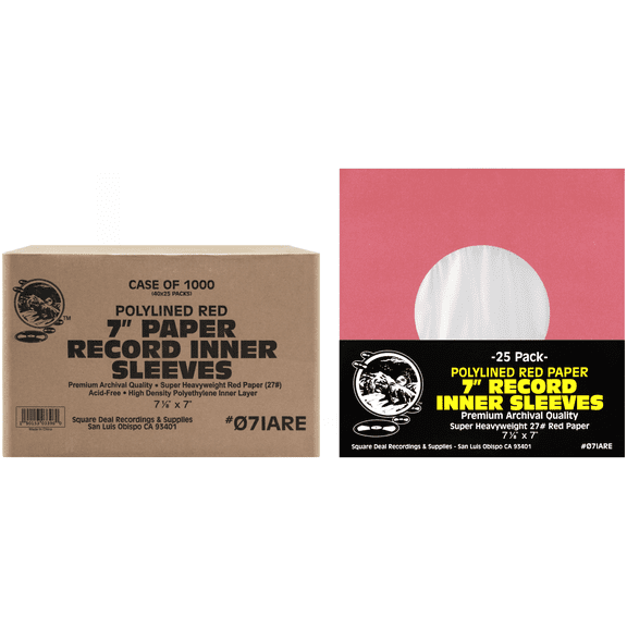 (1000) Super Heavyweight Polylined Red Paper Inner Sleeves for 7" Records - Archival Quality, Acid-Free, Static-Free - Premium Protection - 07IARE