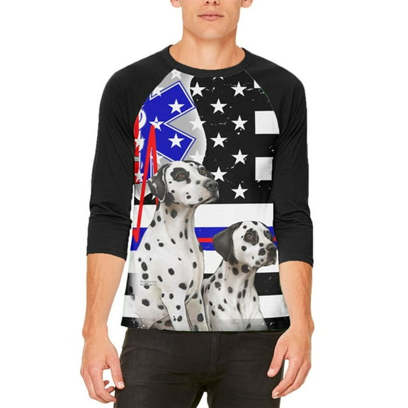 Firefighter EMT Dalmatian Live Forever Thin Red Line Flag Mens Raglan T Shirt White-Black LG