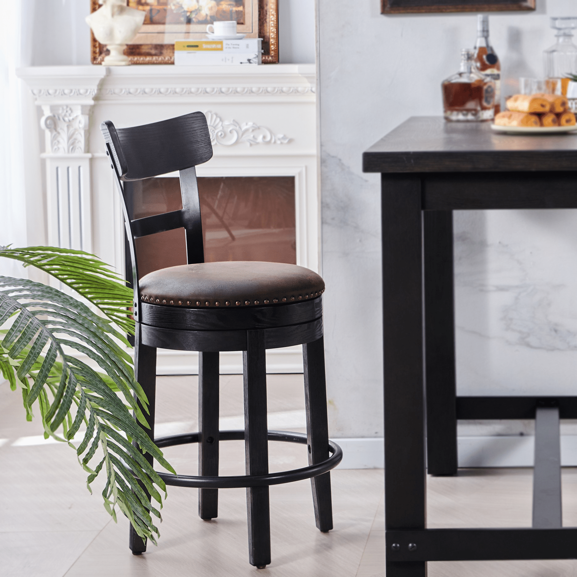 NHI Express 24" Seat Height Bar Stools Set of 2, 360 Degree Swivel Seat Counter Height Bar Stool with Iron Footrest, Dining Chairs with PU Leather Upholstered Seat for Dining Room, Brown