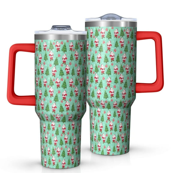 Light Blue Christmas Santa and Tree Pattern Tumbler with Handle and Lid,40oz Double Wall Vacuum Insulated Tumbler,Cups Gift for Women and Men