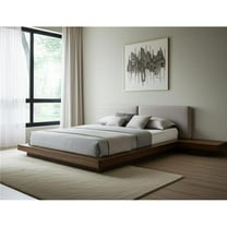 HomeRoots 486266 Gray & Walnut Wood & Faux Leather King Bed Frame with Attached Nightstands