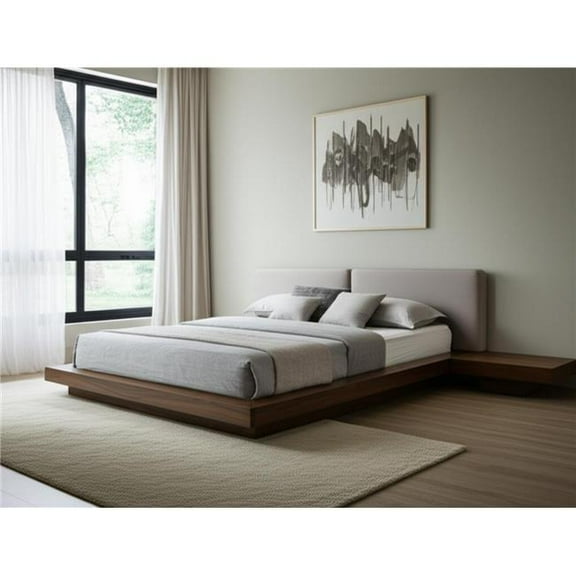 HomeRoots 486266 Gray & Walnut Wood & Faux Leather King Bed Frame with Attached Nightstands