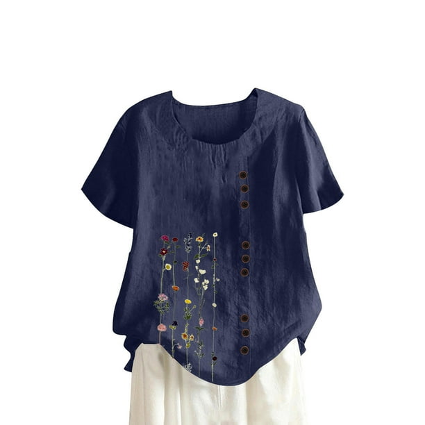 Camisetas de Manga Corta para las Mujeres Botón de Impresión Casual Cuello Redondo Camiseta Superior, Blusas para las Mujeres Casual