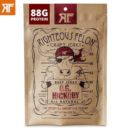 Righteous Felon Beef Jerky OG Hickory Flavor Low Calorie High Protein Healthy Snacks 1 pack 8oz