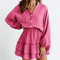 thumbnail image 2 of qolati Women's Mini Dresses 2023 Fall Lantern Sleeve V Neck Button Up A-Line Dress Fashion Layered Ruffle Hem High Waist Party Holiday Dress, 2 of 4