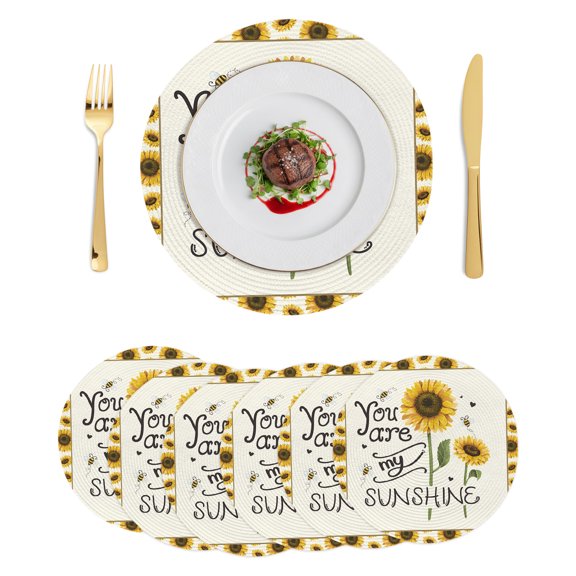 Round Placemats Sunshine Sunflower 15 inch Set of 6 Table Mats for Dining Table Bees Yellow Floral Heat Resistant Non-Slip Kitchen & Home Decorative Place Mat Set