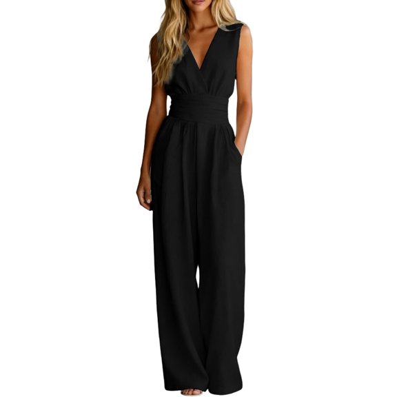 FASHOFT Womens Jumpsuits Solid Color Sleeveless V Neck Waist Cinched Design Wide Leg With Pockets One Piece Casual Romper For Daily Wear Jumpsuits Black